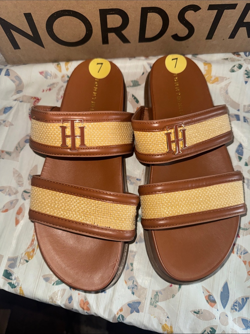Tommy Hilfiger Brown & Cream Double-Strap Slide Sandals NEW